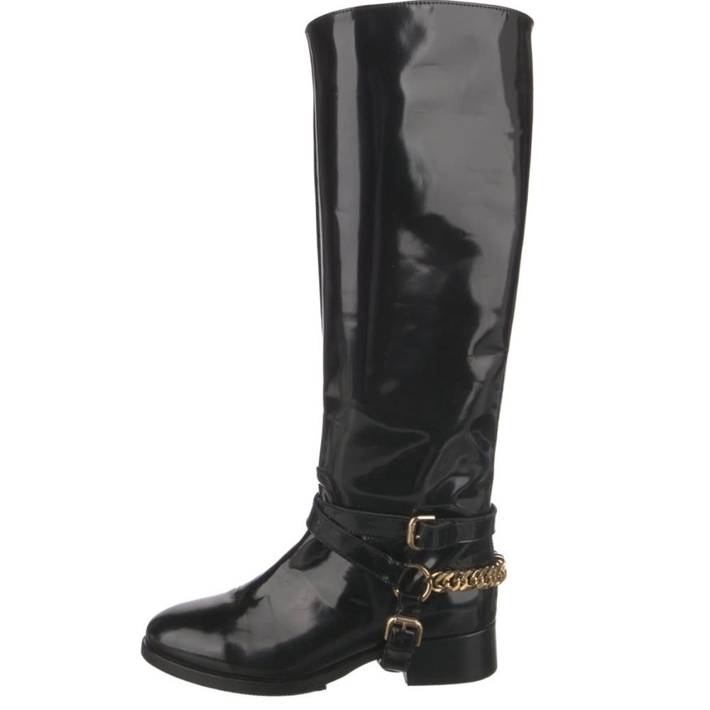 McQ ALEXANDER MCQUEEN Patent Leather Chain Halter Riding Boots